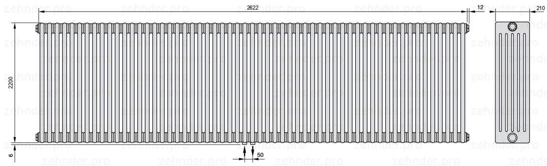 Схема (чертеж) Радиатор Zehnder Charleston 6220/57 №3470 Белый глянцевый RAL 9016